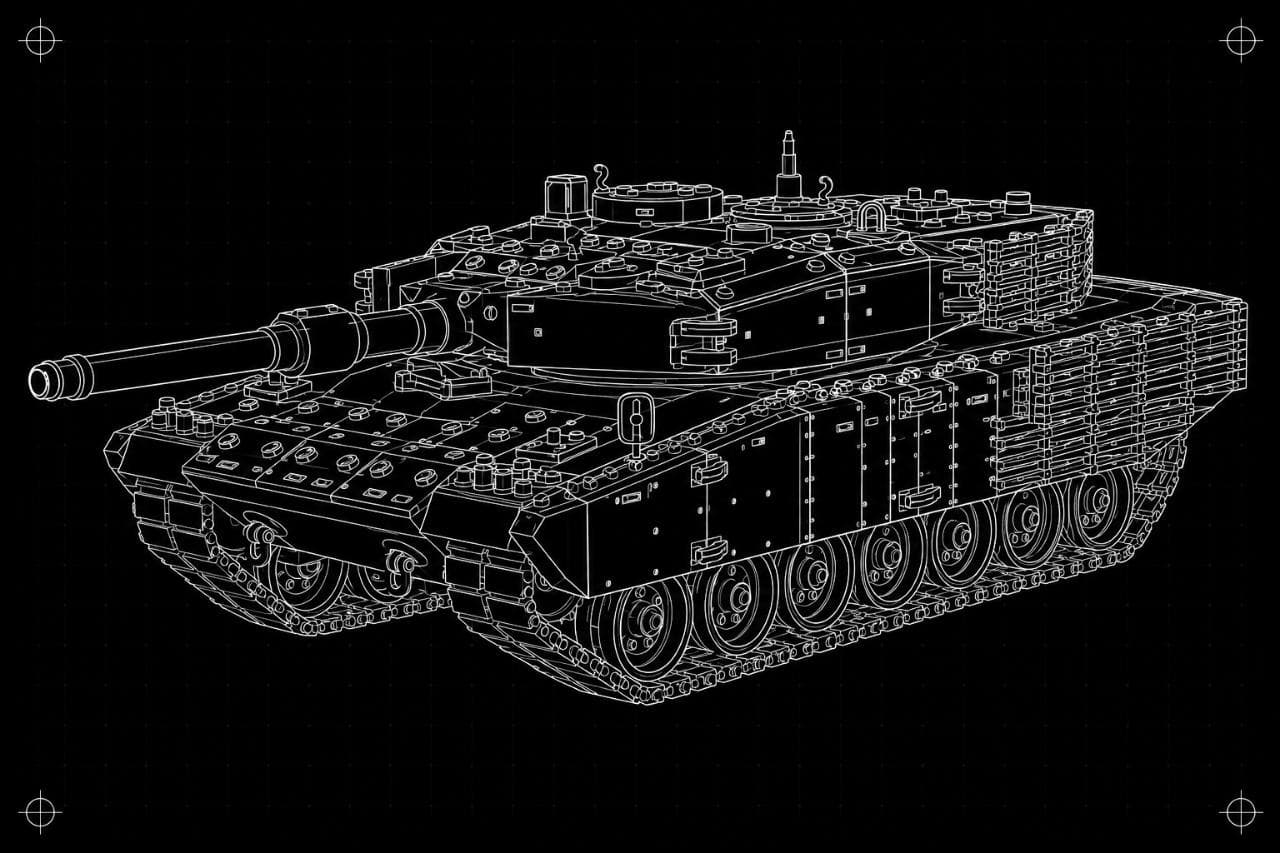 Beyaz çizgilerle gösterilmiş teknik askerî araç blueprint görseli